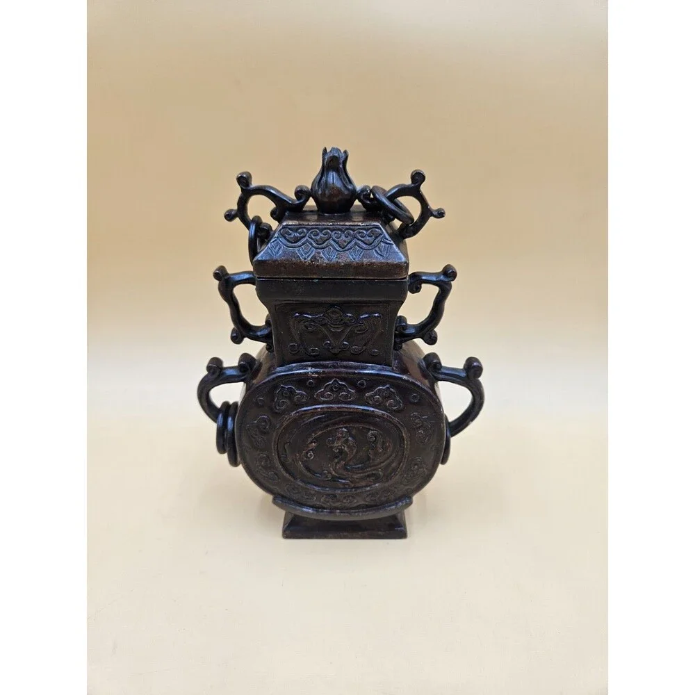 Hand Carved Chinese Jade Imperial Vase Incense Holder Floral Motif Lid Rings